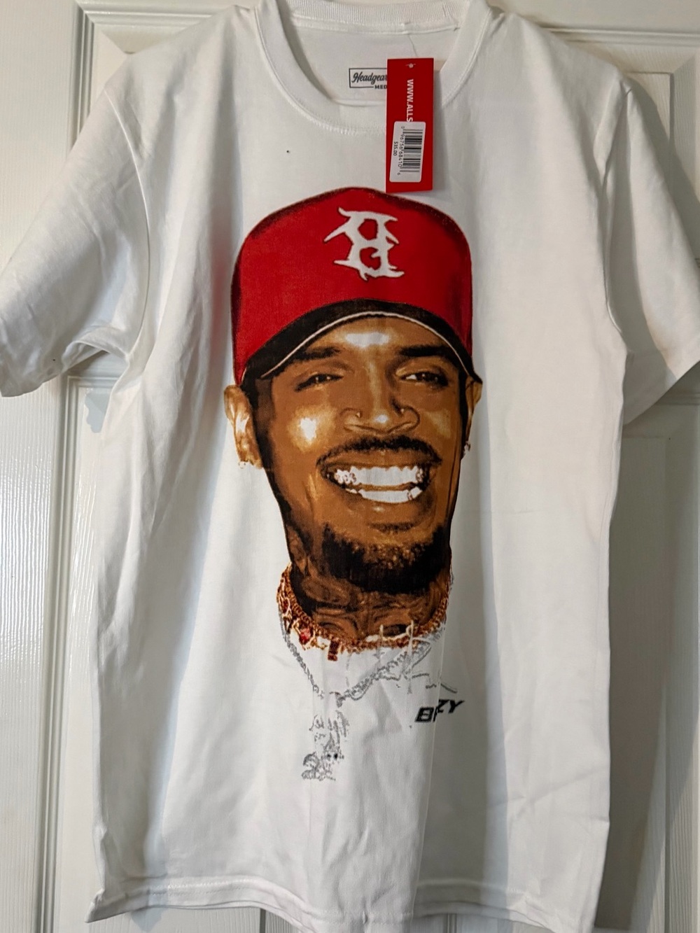 Chris Brown White Graphic Men’s T‑Shirt with Red Cap Portrait